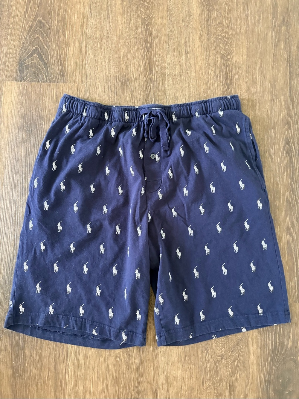 Polo Ralph Lauren Mens Large Navy Blue Pony Logo Print Sleep Lounge Shorts GUC